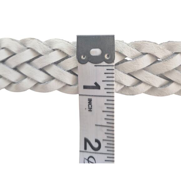 Vintage Braided Leather Belt Womens Size Med White Silver Tone Buckle